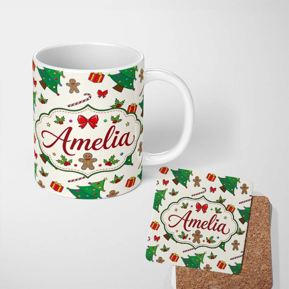 Personalized Custom Name Cute Christmas Tree Gifts Candy Cane Gingerbread Seamless Pattern 11oz Ceramic Coffee Tea Mug White Large Handle
