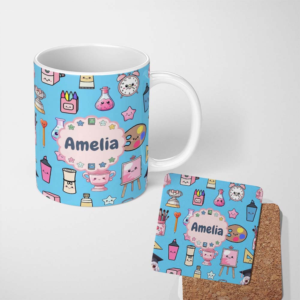 Personalized Custom Name Cute Kawaii Graduate Boy Science Art Supplies Seamless Pattern Blue 11oz Ceramic Coffee Tea Mug White Large Handle