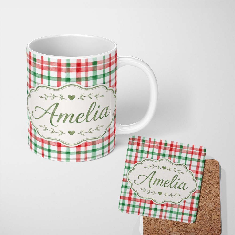 Personalized Custom Name Classic Red Green Plaid Tartan Watercolor Pattern Festive Design 11oz Ceramic Coffee Tea Mug White Large Handle
