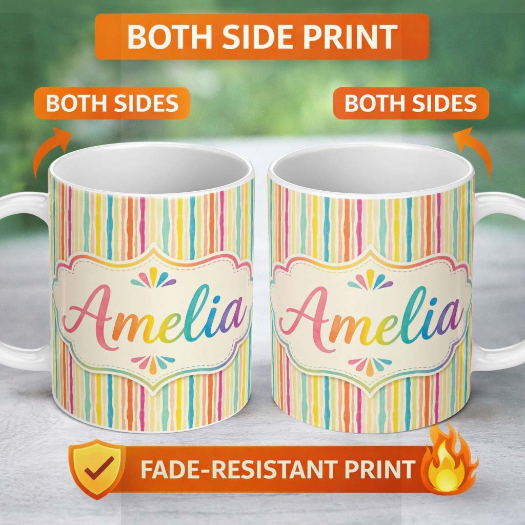 Personalized Custom Name Muted Multicolour Vertical Stripe Texture Seamless Pattern Lovely 11oz Ceramic Coffee Tea Mug White Large Handle