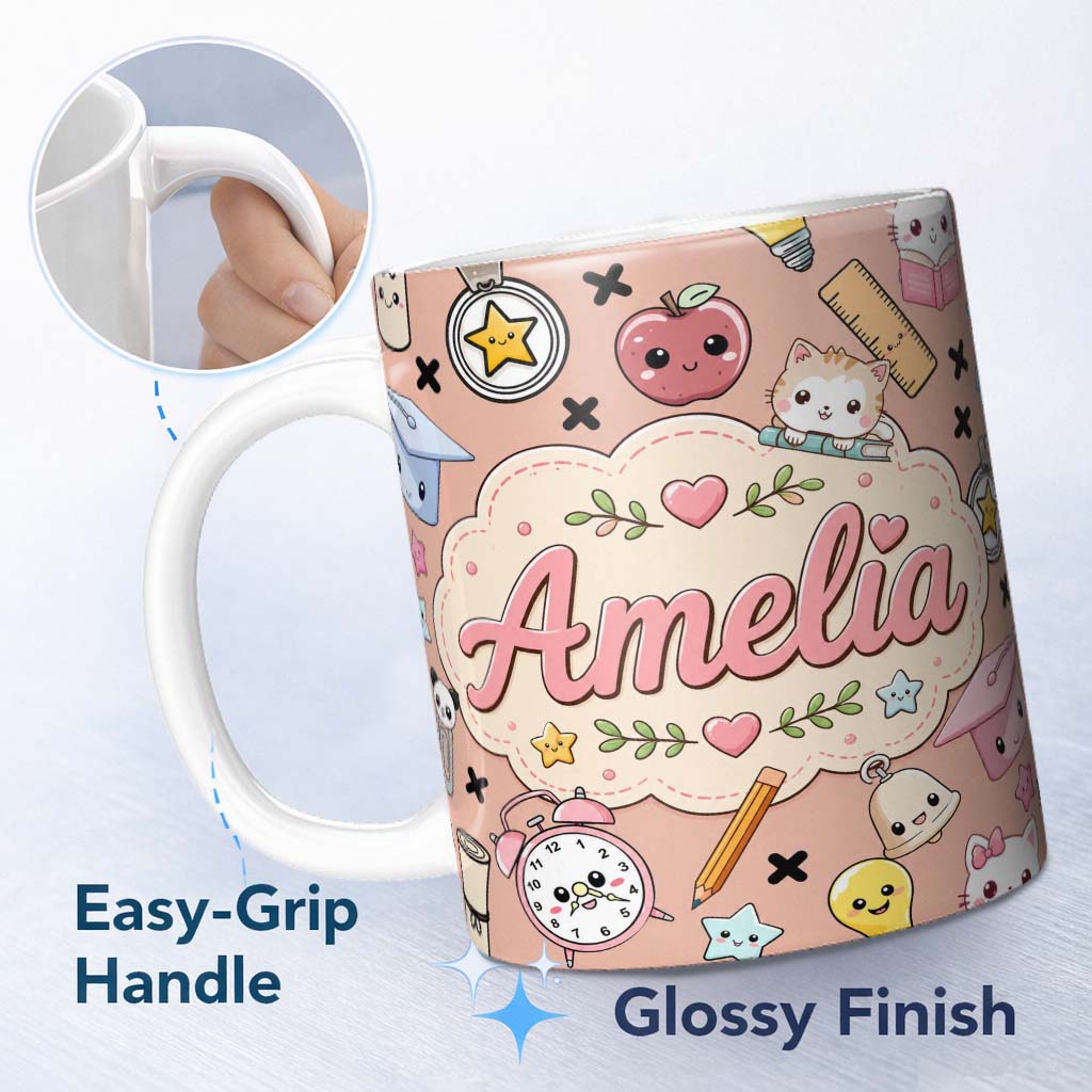 Personalized Custom Name Cute Kawaii School Cat Books Apple Clock Supplies Pattern Peach 11oz Ceramic Coffee Tea Mug White Large Handle
