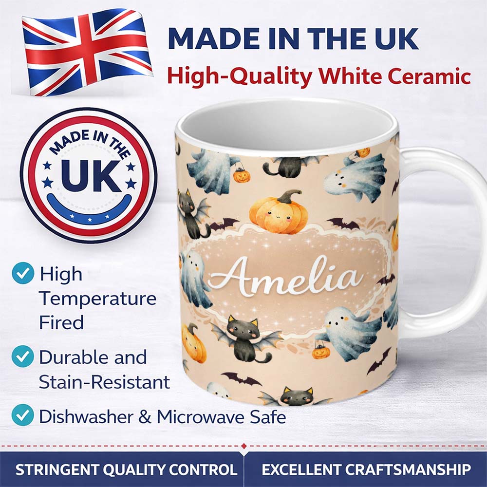 Personalized Custom Name Halloween Ghost Pumpkin Cat Seamless Pattern Warm Beige Cute Spooky 11oz Ceramic Coffee Tea Mug White Large Handle