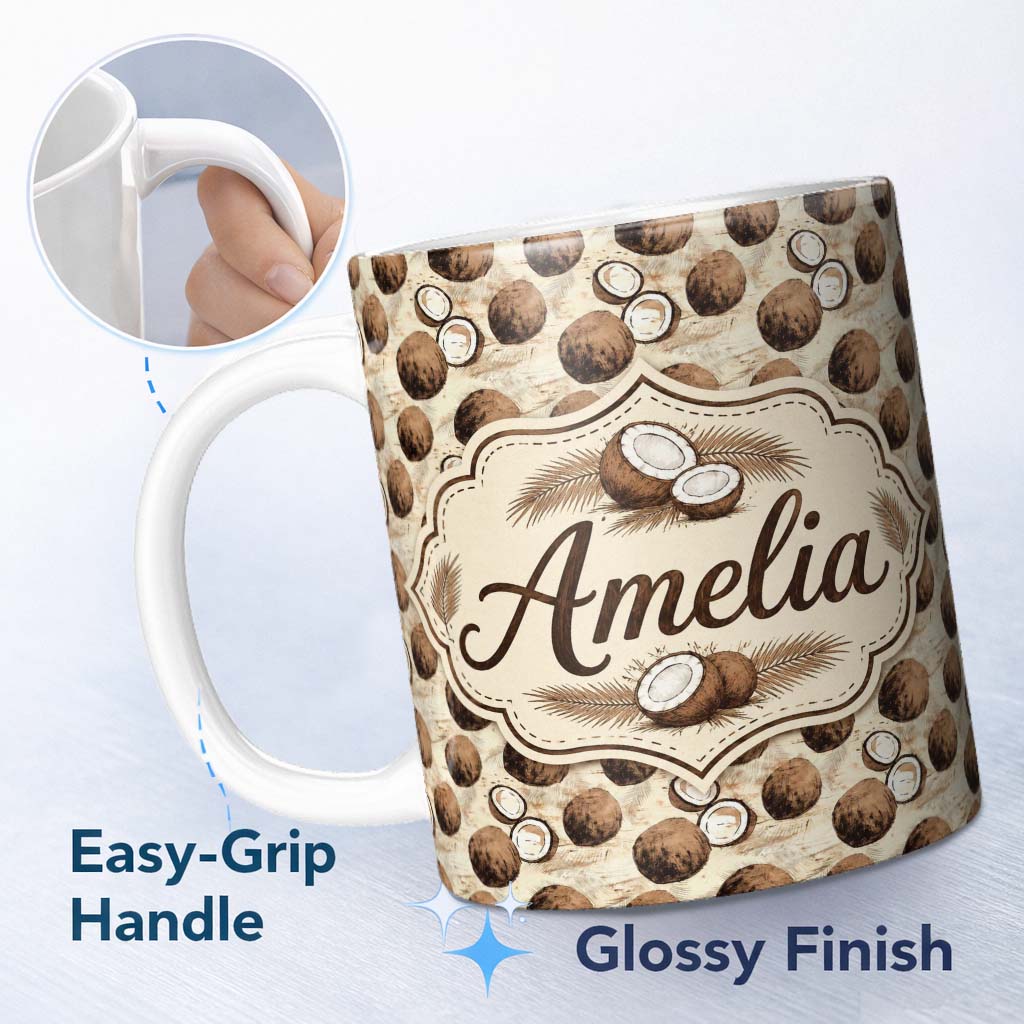 Personalized Custom Name Rustic Coconut Shell and Whole Coconut Vintage Sketch Style Pattern 11oz Ceramic Coffee Tea Mug White Large Handle