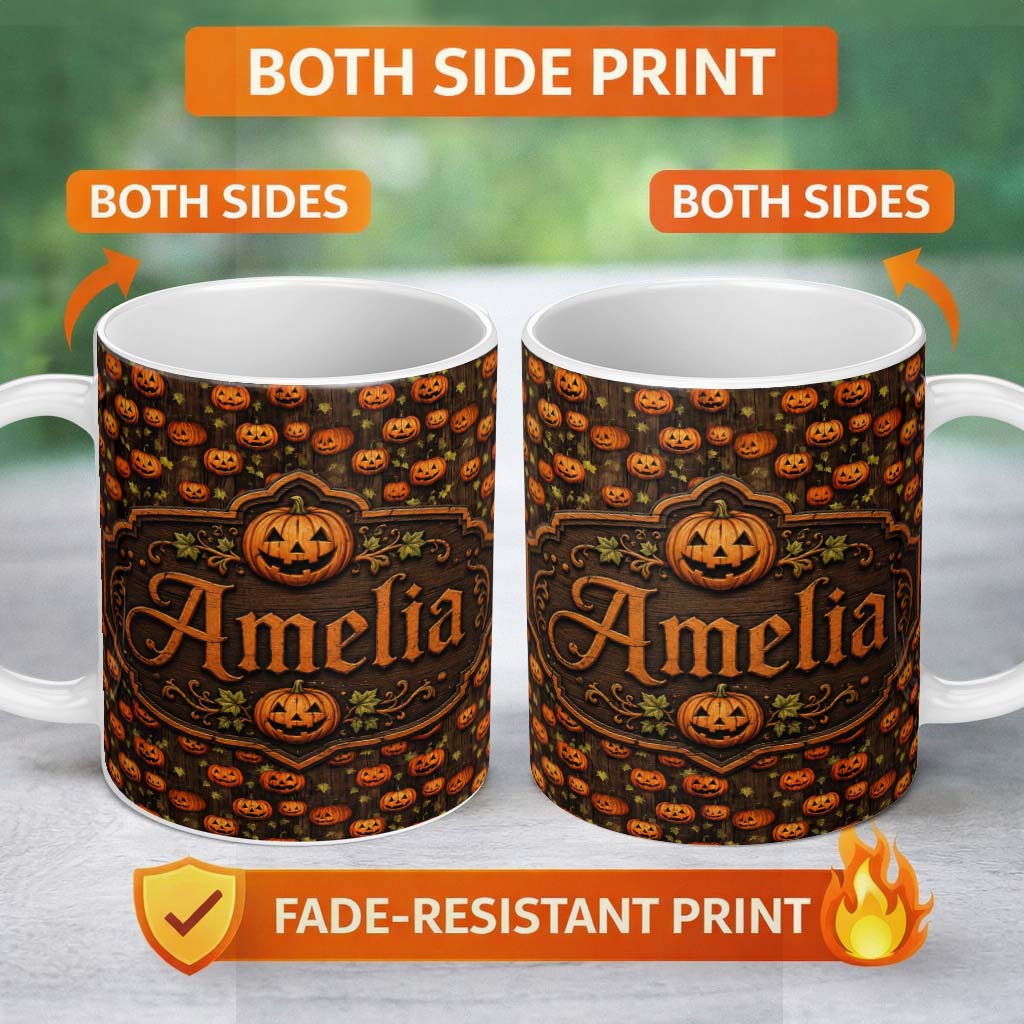Personalized Custom Name Hanging Pumpkin and Leaves on Dark Wooden Background Halloween 11oz Ceramic Coffee Tea Mug White Large Handle