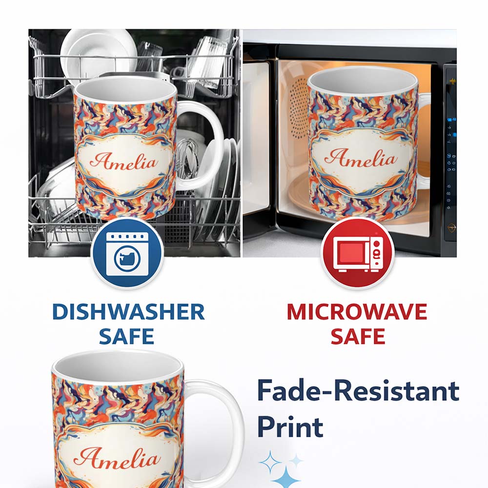 Personalized Custom Name Vibrant Retro Marble Swirl Blue Orange Cream Abstract Pattern Lovely 11oz Ceramic Coffee Tea Mug White Large Handle