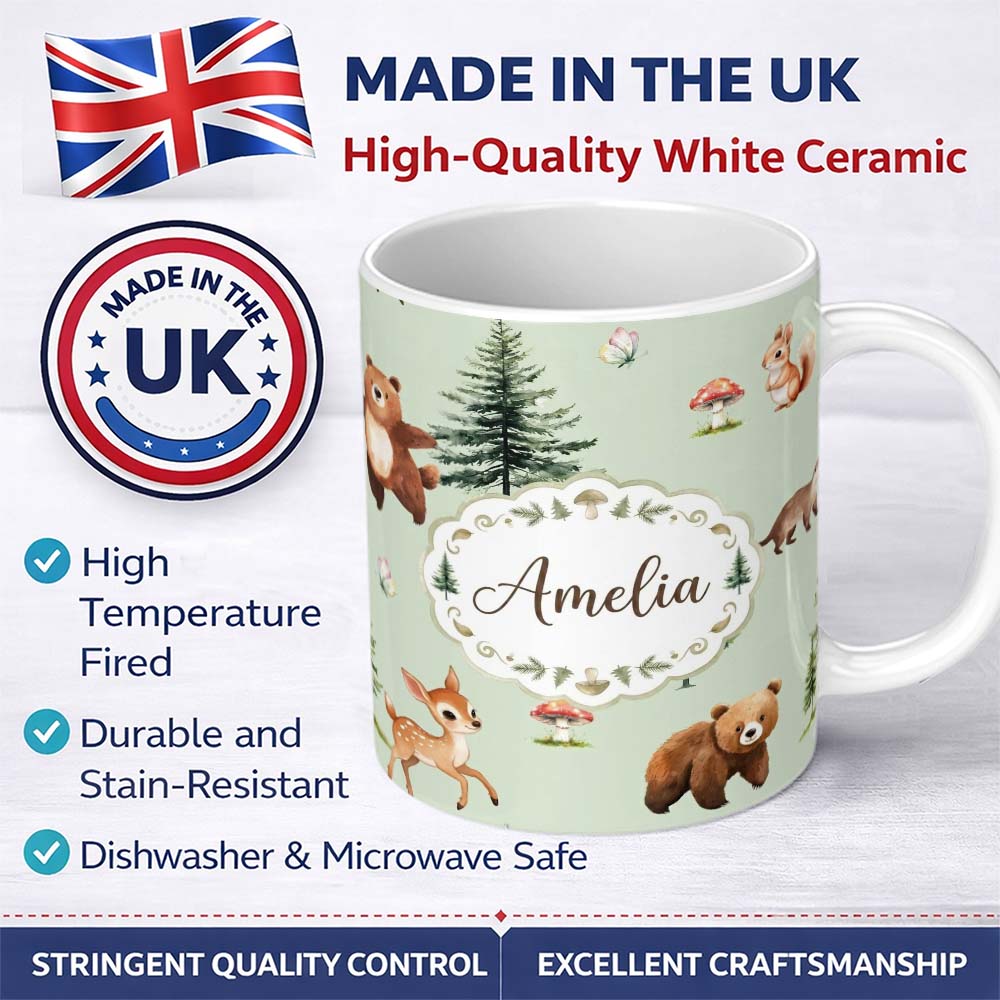 Personalized Custom Name Cute Woodland Forest Animals Bear Bunny Deer on Warm Beige Lovely 11oz Ceramic Coffee Tea Mug White Large Handle