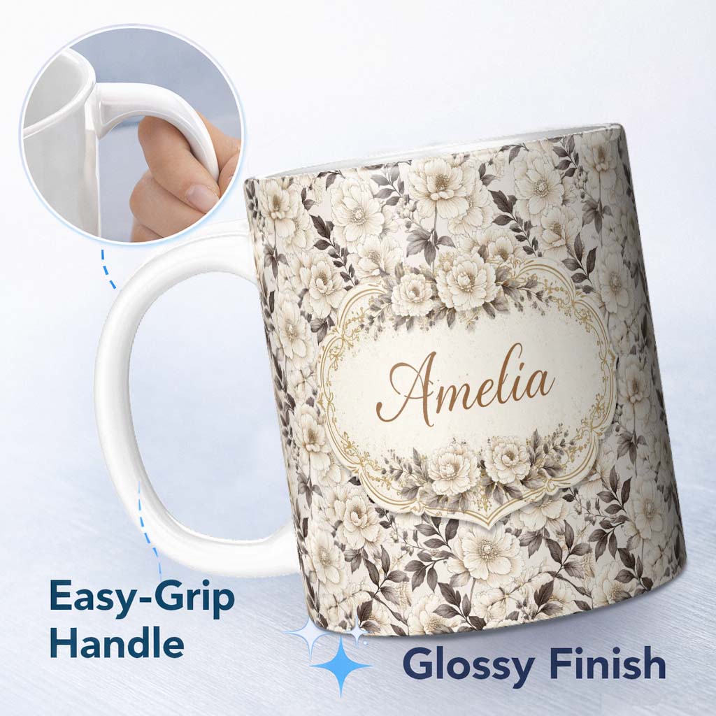 Personalized Custom Name Elegant Monochrome Floral Vintage Botanical Seamless Pattern Neutral 11oz Ceramic Coffee Tea Mug White Large Handle