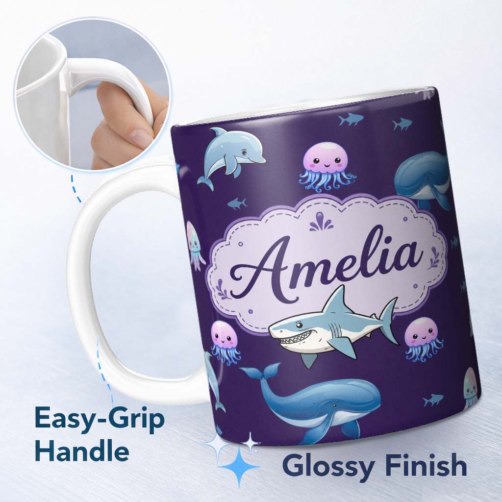Personalized Custom Name Cute Dolphin Shark and Jellyfish Ocean Animals Purple Background 11oz Ceramic Coffee Tea Mug White Large Handle