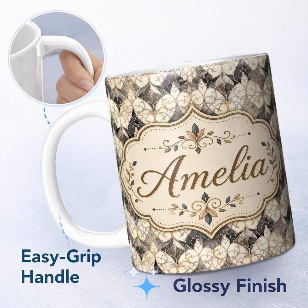 Personalized Custom Name Elegant Vintage Damask Floral Beige and Charcoal Seamless Pattern 11oz Ceramic Coffee Tea Mug White Large Handle