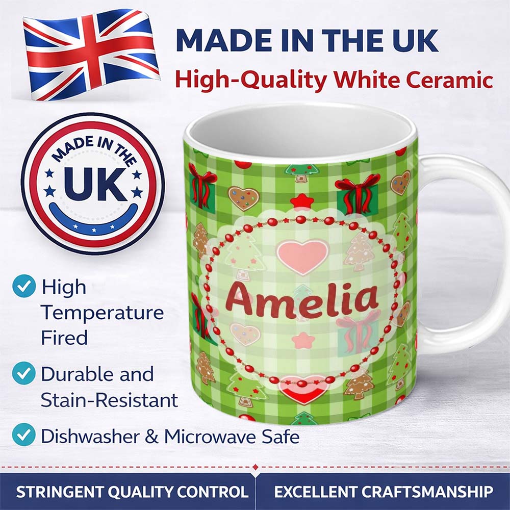 Personalized Custom Name Cute Christmas Trees Hearts Gifts Green Plaid Seamless Pattern 11oz Ceramic Coffee Tea Mug White Large Handle