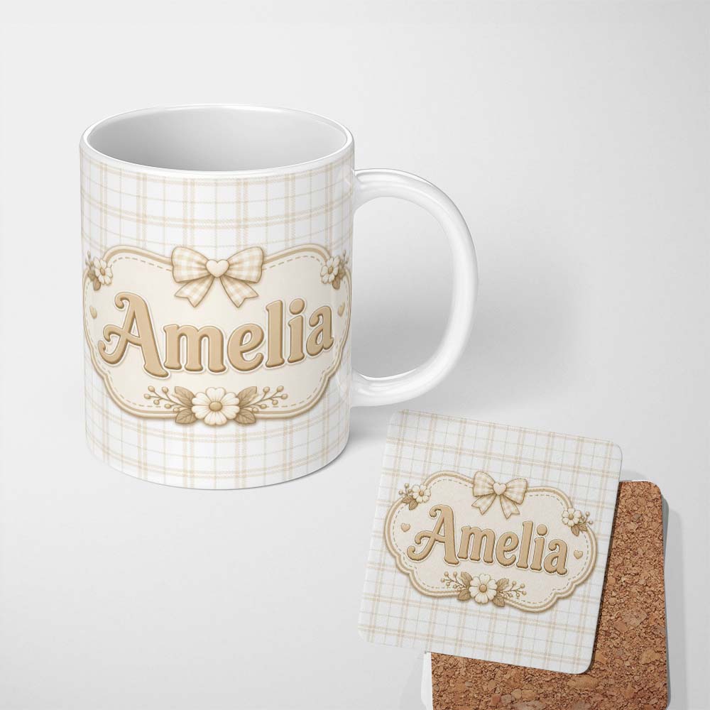 Personalized Custom Name Beige Plaid Check Seamless Pattern on Soft White Background Lovely 11oz Ceramic Coffee Tea Mug White Large Handle