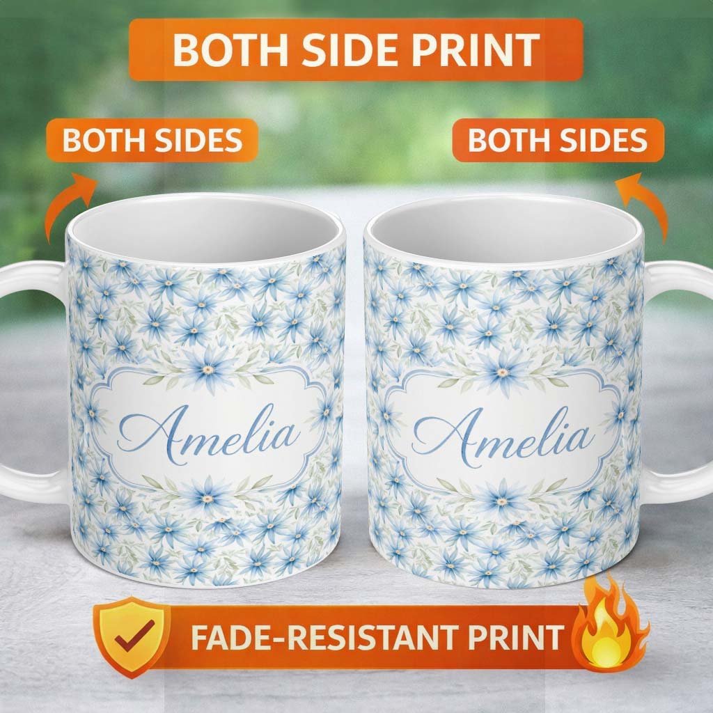 Personalized Custom Name Light Blue Daisy Style Floral Seamless Pattern Thoughtful Gift Idea 11oz Ceramic Coffee Tea Mug White Large Handle