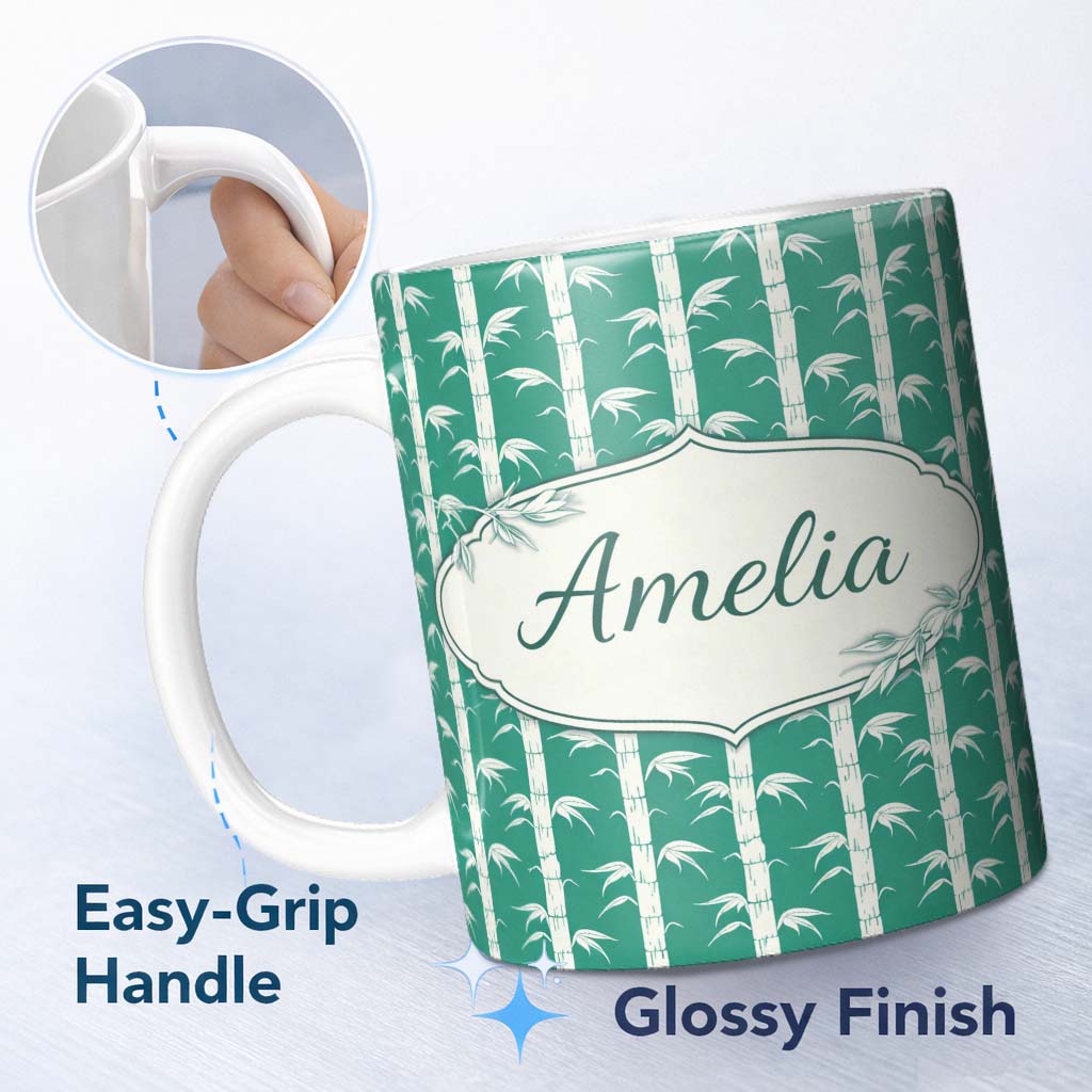Personalized Custom Name Minimal Bamboo Stems Green Background Seamless Pattern Lovely 11oz Ceramic Coffee Tea Mug White Large Handle