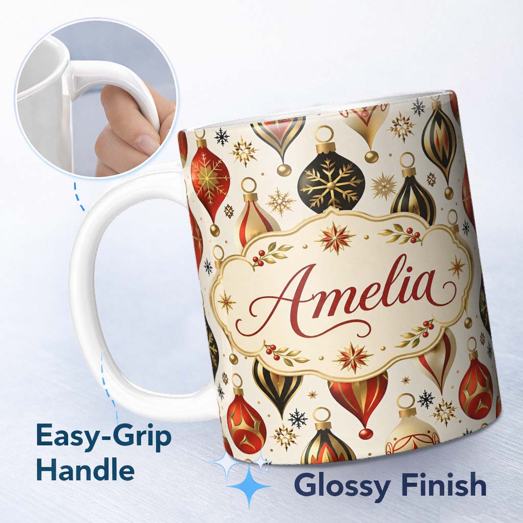 Personalized Custom Name Luxury Christmas Gold Red Bauble Ornament Elegant Seamless Pattern 11oz Ceramic Coffee Tea Mug White Large Handle