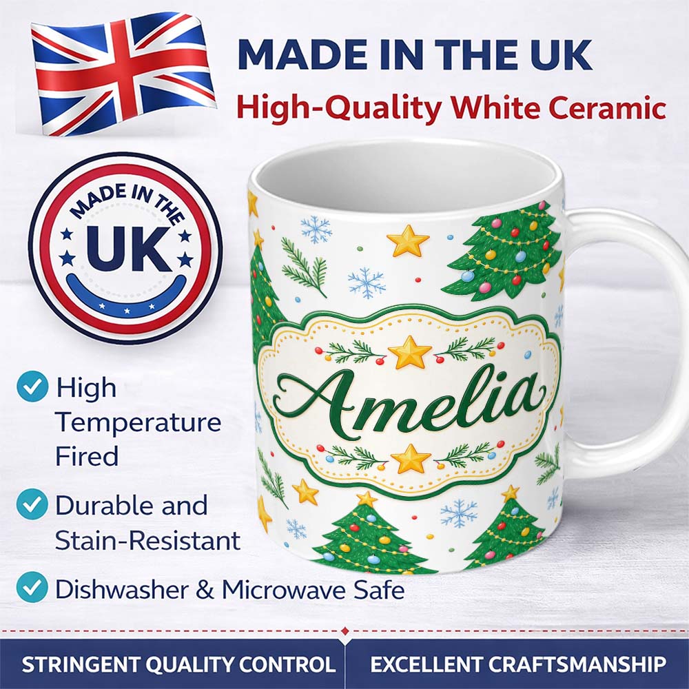 Personalized Custom Name Decorated Christmas Trees Stars Snowflakes Festive Seamless Pattern 11oz Ceramic Coffee Tea Mug White Large Handle