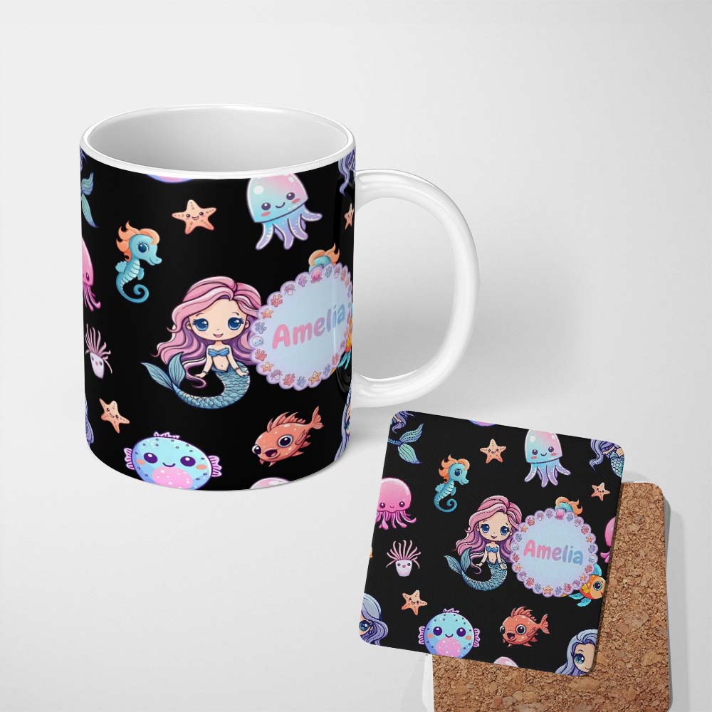 Personalized Custom Name Cute Kawaii Mermaid Seahorse Jellyfish and Starfish on Black Lovely 11oz Ceramic Coffee Tea Mug White Large Handle