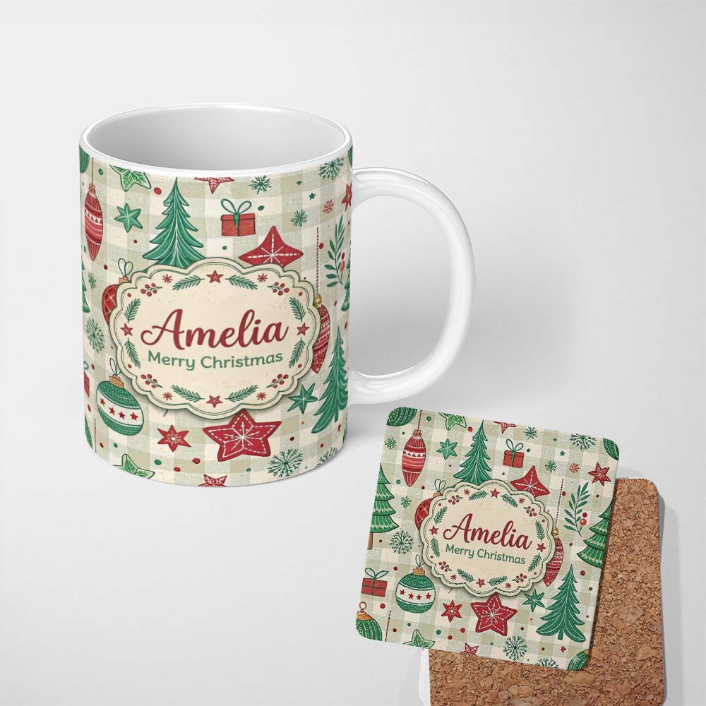 Personalized Custom Name Christmas Ornaments Trees Snowflakes Checkered Festive Seamless 11oz Ceramic Coffee Tea Mug White Large Handle