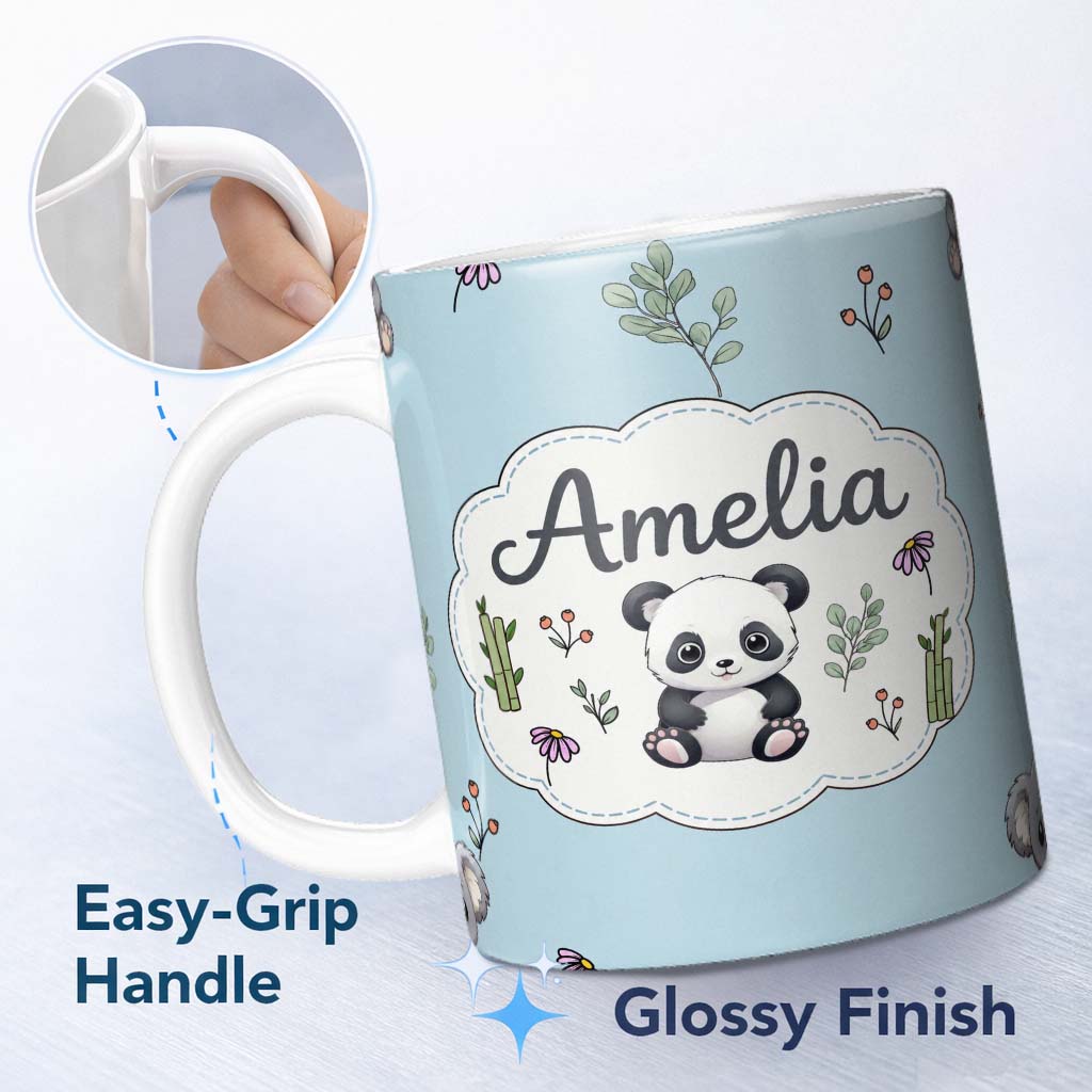 Personalized Custom Name Cute Panda Bear with Bamboo Leaves Floral Seamless Pattern Blue 11oz Ceramic Coffee Tea Mug White Large Handle