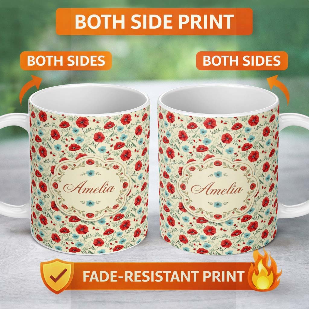Personalized Custom Name Wildflower Poppy Pattern Red and Blue Botanical Seamless Vintage 11oz Ceramic Coffee Tea Mug White Large Handle
