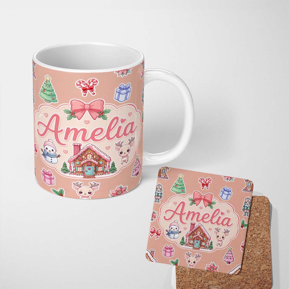 Personalized Custom Name Cute Christmas Festive Stickers Gingerbread House Tree Beige Lovely 11oz Ceramic Coffee Tea Mug White Large Handle