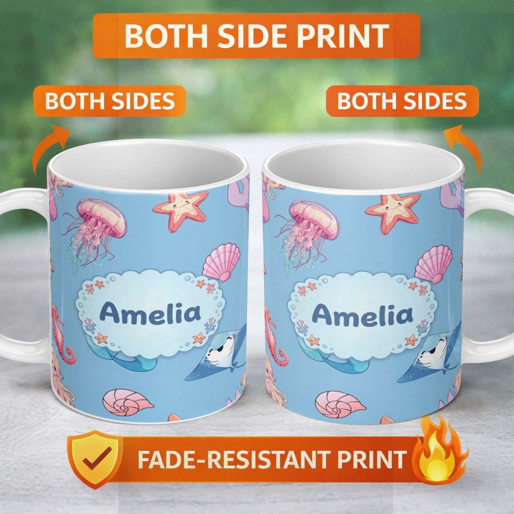 Personalized Custom Name Cute Blue Hair Mermaid Jellyfish Seahorse Light Blue Background 11oz Ceramic Coffee Tea Mug White Large Handle