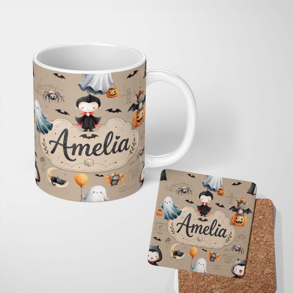 Personalized Custom Name Halloween Vampire Ghost Bat Spooky Character Taupe Seamless Pattern 11oz Ceramic Coffee Tea Mug White Large Handle