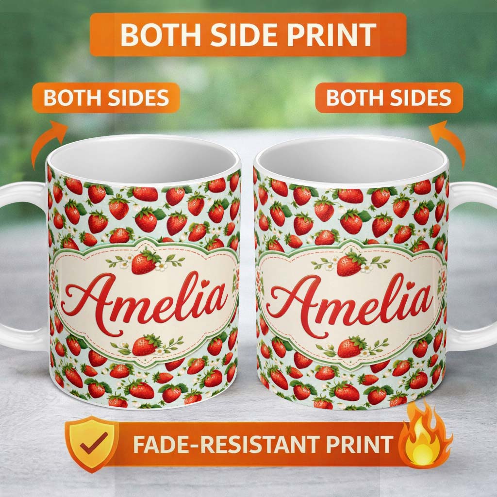 Personalized Custom Name Fresh Strawberries and Leaves on Soft Sage Green Background Seamless 11oz Ceramic Coffee Tea Mug White Large Handle