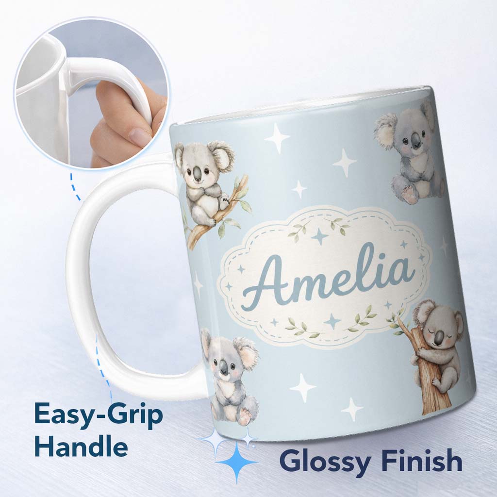 Personalized Custom Name Cute Baby Koala Bears with Stars on Soft Blue Background Seamless 11oz Ceramic Coffee Tea Mug White Large Handle