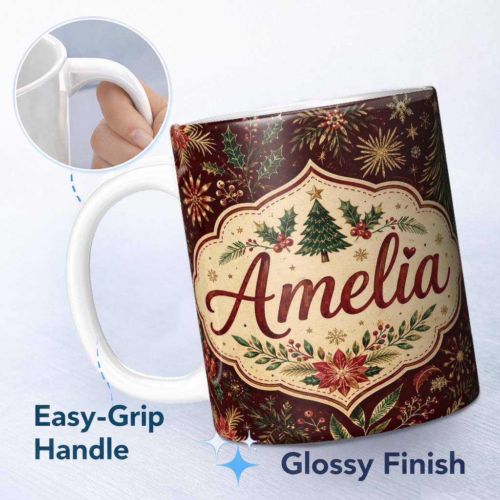 Personalized Custom Name Elegant Christmas Botanical Leaves Pine Branches and Festive Holiday 11oz Ceramic Coffee Tea Mug White Large Handle