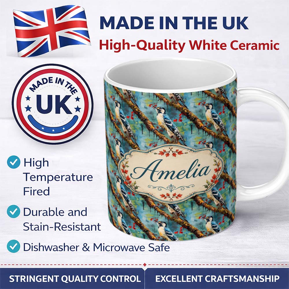 Personalized Custom Name Artistic Blue Woodpecker on Tree Branch Seamless Pattern Lovely 11oz Ceramic Coffee Tea Mug White Large Handle