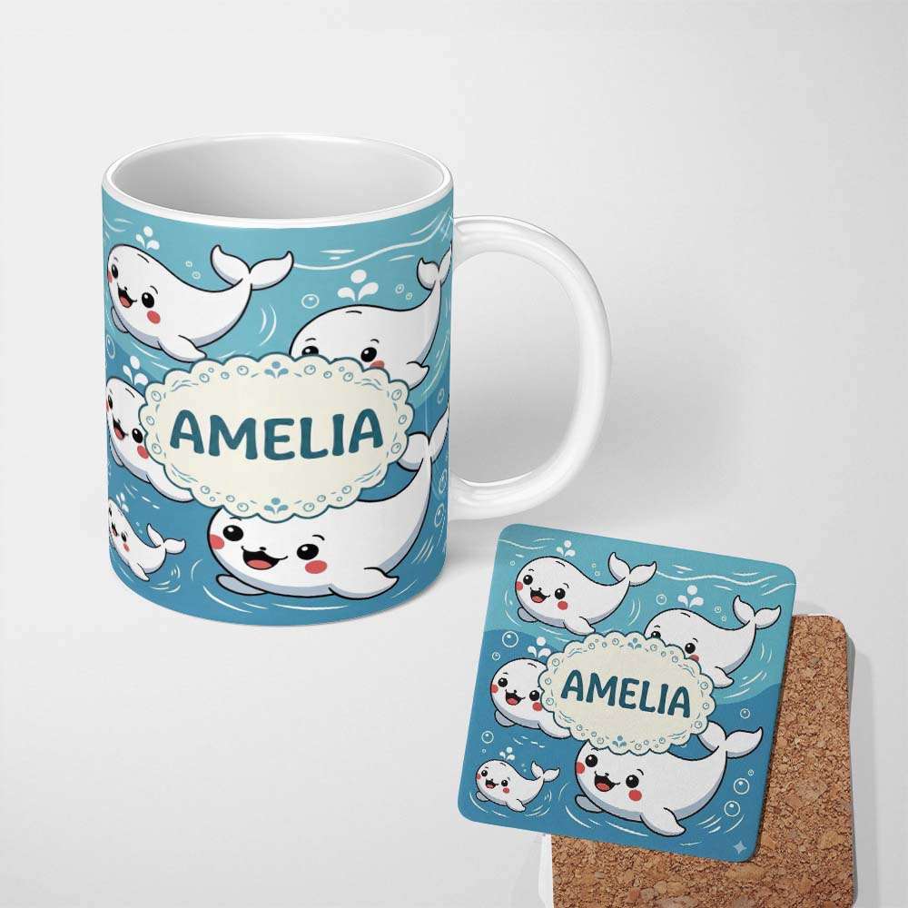 Personalized Custom Name Cute Baby Whales Ocean Waves Bubbles Marine Seamless Pattern Lovely 11oz Ceramic Coffee Tea Mug White Large Handle