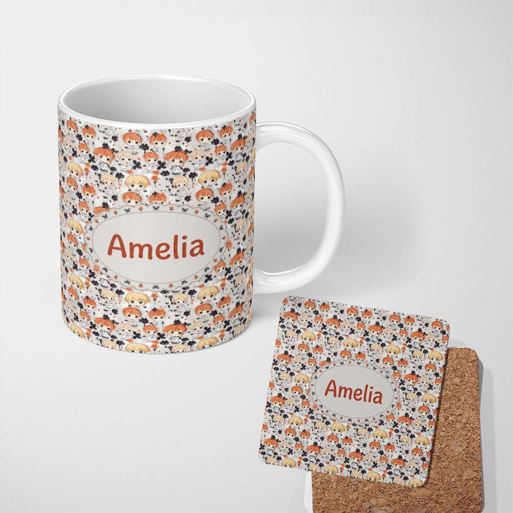 Personalized Custom Name Cute Chibi Kids Floral Pattern Kawaii Character Design Lovely 11oz Ceramic Coffee Tea Mug White Large Handle