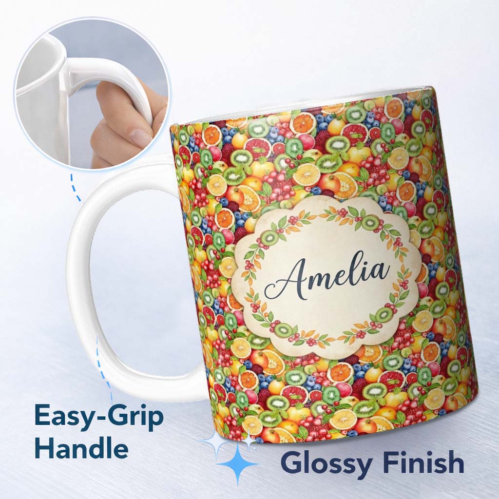 Personalized Custom Name Vibrant Mixed Citrus and Berry Fruit Seamless Pattern Lovely 11oz Ceramic Coffee Tea Mug White Large Handle