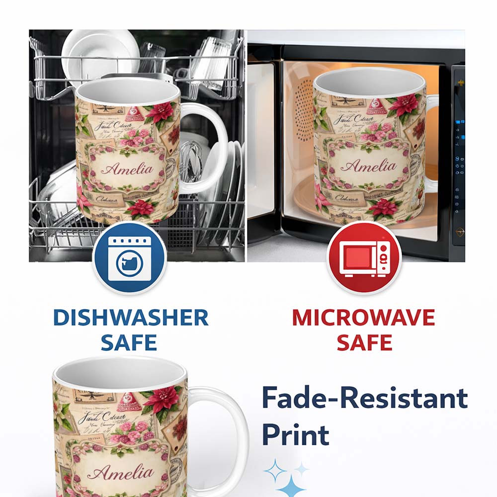 Personalized Custom Name Vintage Floral Christmas Cards Poinsettia Roses and Antique Paper 11oz Ceramic Coffee Tea Mug White Large Handle