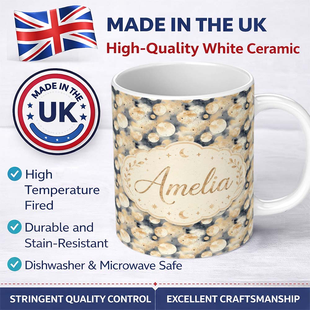 Personalized Custom Name Neutral Beige Celestial Moon and Stars Seamless Pattern Lovely 11oz Ceramic Coffee Tea Mug White Large Handle