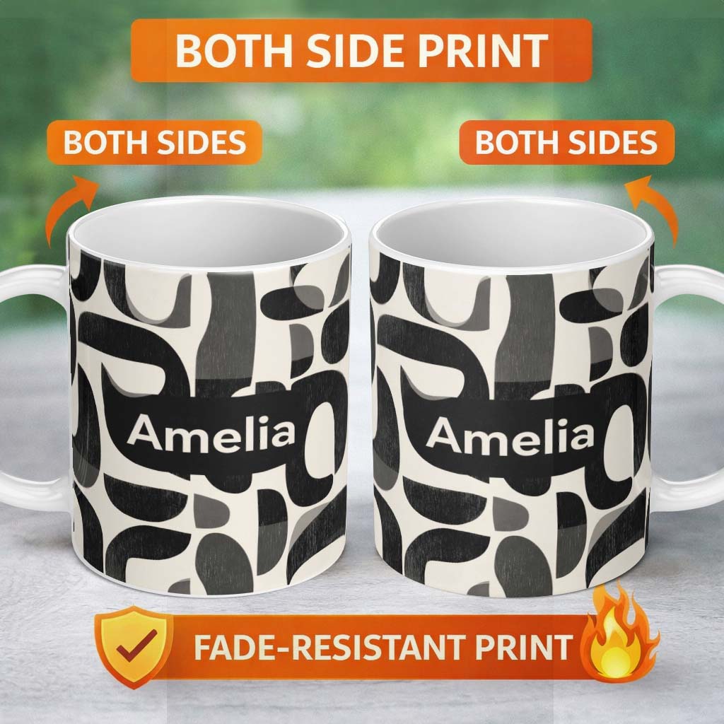 Personalized Custom Name Bold Curved Shapes Black Grey Modern Abstract Pattern Lovely 11oz Ceramic Coffee Tea Mug White Large Handle