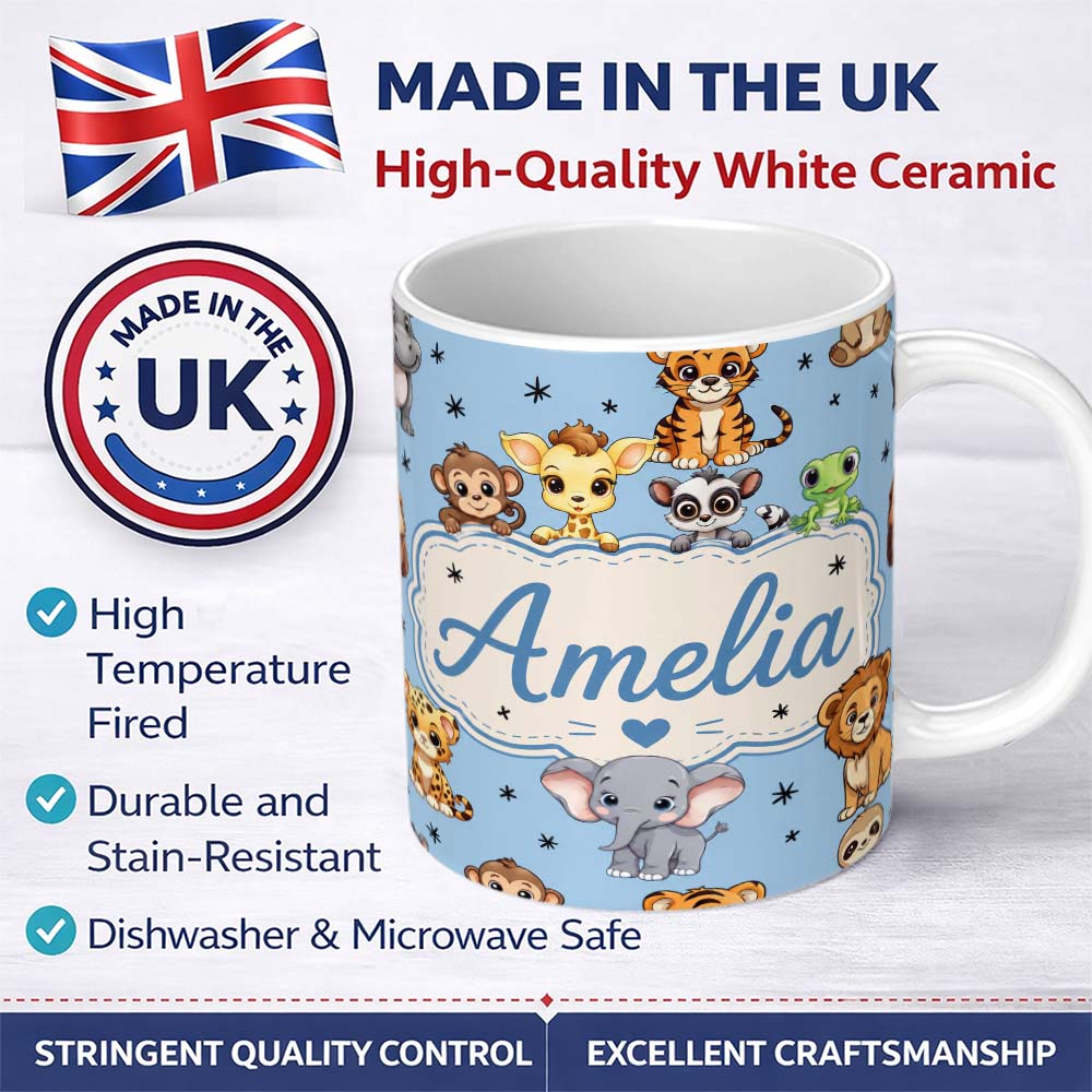 Personalized Custom Name Cute Jungle Baby Animals Lion Tiger Elephant Giraffe Sky Blue Lovely 11oz Ceramic Coffee Tea Mug White Large Handle
