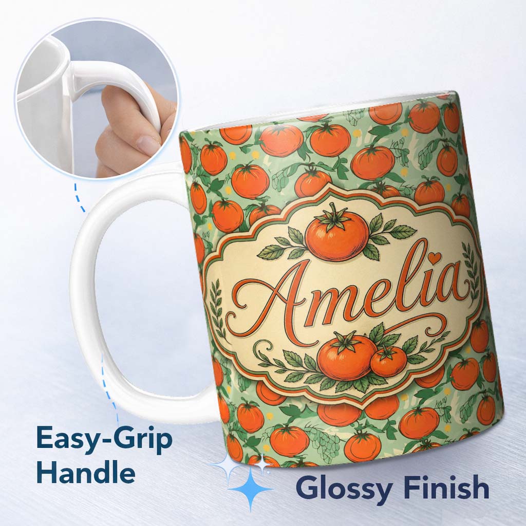 Personalized Custom Name Cute Small Tomatoes and Leaves on Soft Green Background Seamless 11oz Ceramic Coffee Tea Mug White Large Handle