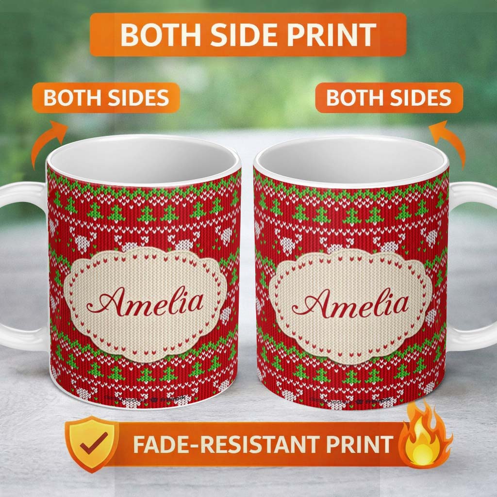 Personalized Custom Name Festive Heart Christmas Tree Knit Pattern Red Green White Nordic 11oz Ceramic Coffee Tea Mug White Large Handle