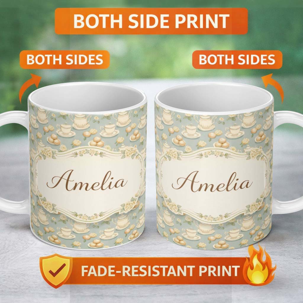 Personalized Custom Name Vintage Tea Set Cupcake Dessert Seamless Pattern Cute Unique Gift 11oz Ceramic Coffee Tea Mug White Large Handle