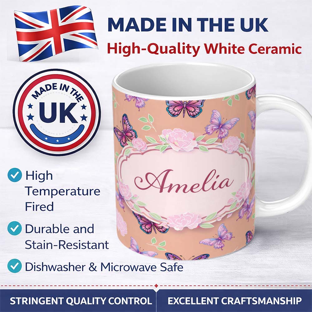 Personalized Custom Name Pink Purple Butterfly Floral Peach Background Seamless Pattern 11oz Ceramic Coffee Tea Mug White Large Handle