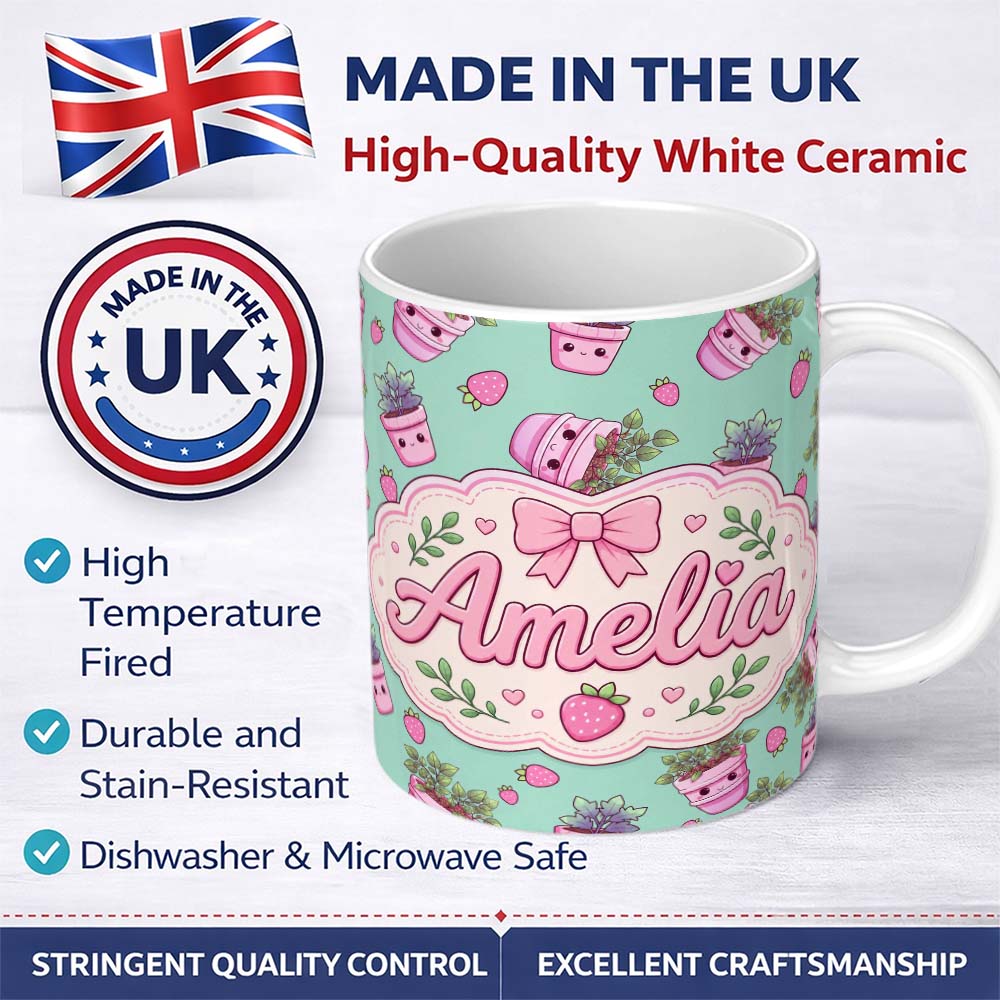 Personalized Custom Name Cute Pink Plant Pots Leaves Strawberry Seamless Pattern Mint Lovely 11oz Ceramic Coffee Tea Mug White Large Handle