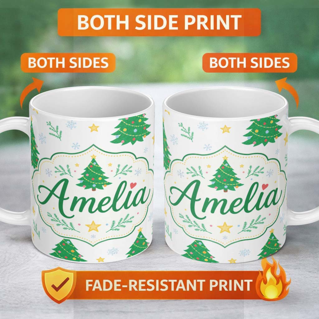 Personalized Custom Name Decorated Christmas Trees with Stars and Snowflakes Bright Holiday 11oz Ceramic Coffee Tea Mug White Large Handle