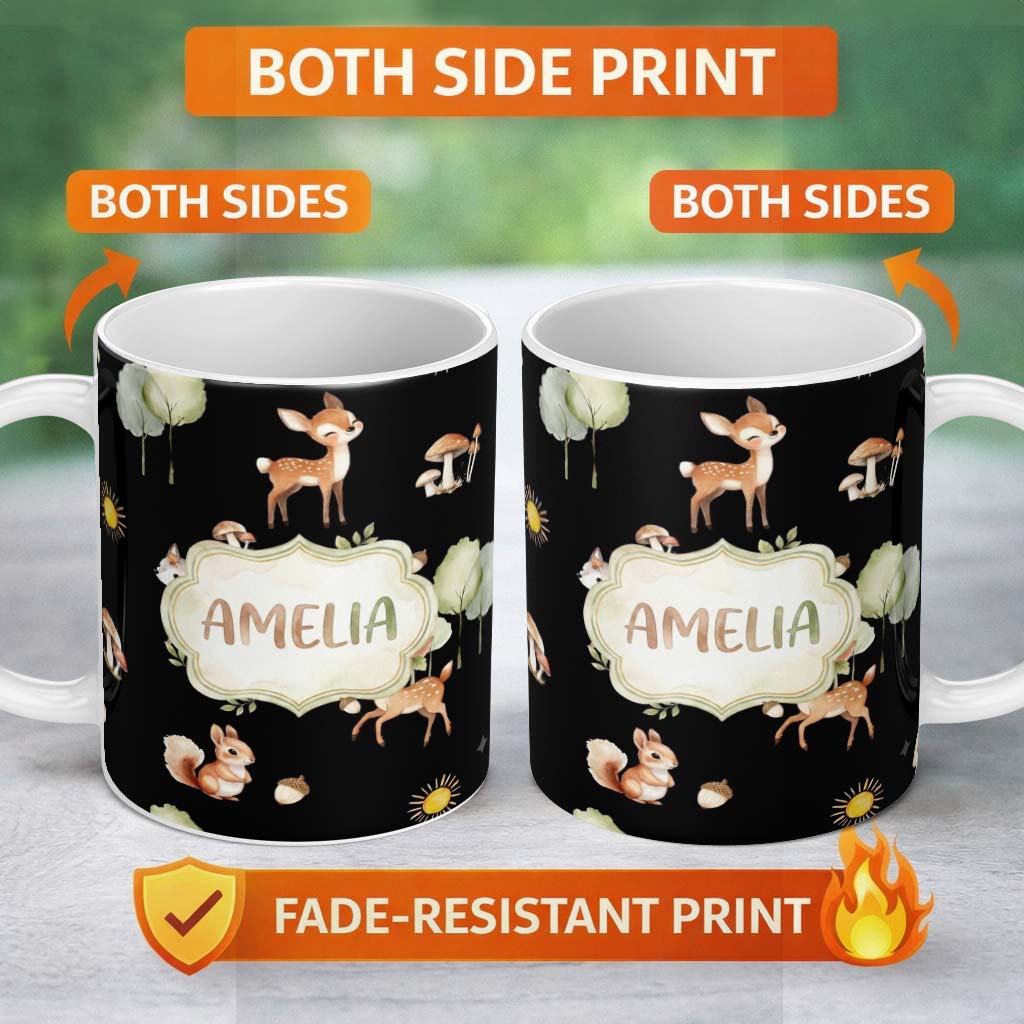 Personalized Custom Name Woodland Deer Fox Trees Mushrooms Sun Animals White Seamless 11oz Ceramic Coffee Tea Mug White Large Handle