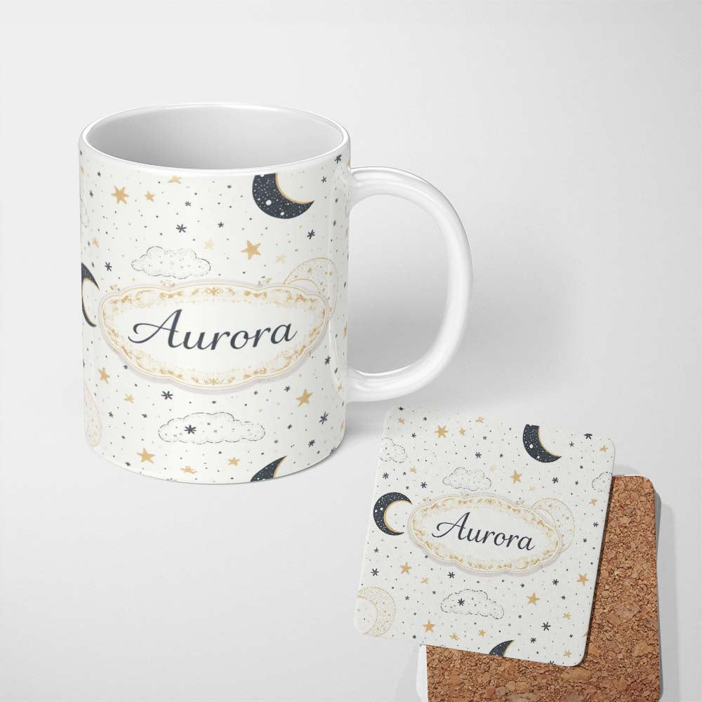Personalized Custom Name Cute Moon Stars Clouds Nursery Neutral Seamless Pattern Lovely 11oz Ceramic Coffee Tea Mug White Large Handle