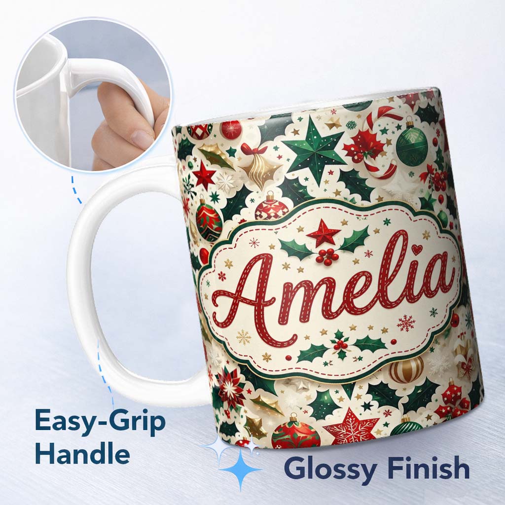 Personalized Custom Name Festive Christmas Star Ornaments Holly Leaves Seamless Pattern 11oz Ceramic Coffee Tea Mug White Large Handle