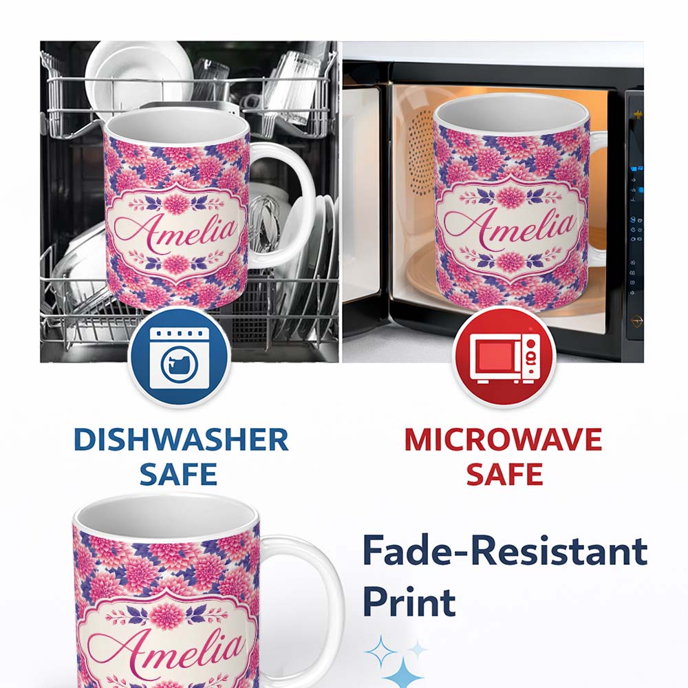 Personalized Custom Name Pink Dahlia Floral Bloom with Soft Purple Leaves Seamless Pattern 11oz Ceramic Coffee Tea Mug White Large Handle