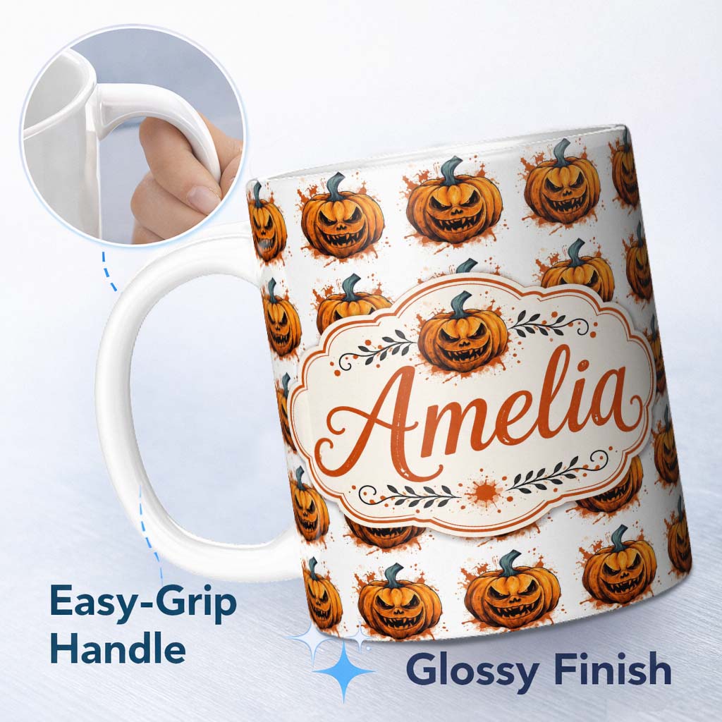 Personalized Custom Name Grunge Style Pumpkin Splash White Background Halloween Seamless 11oz Ceramic Coffee Tea Mug White Large Handle