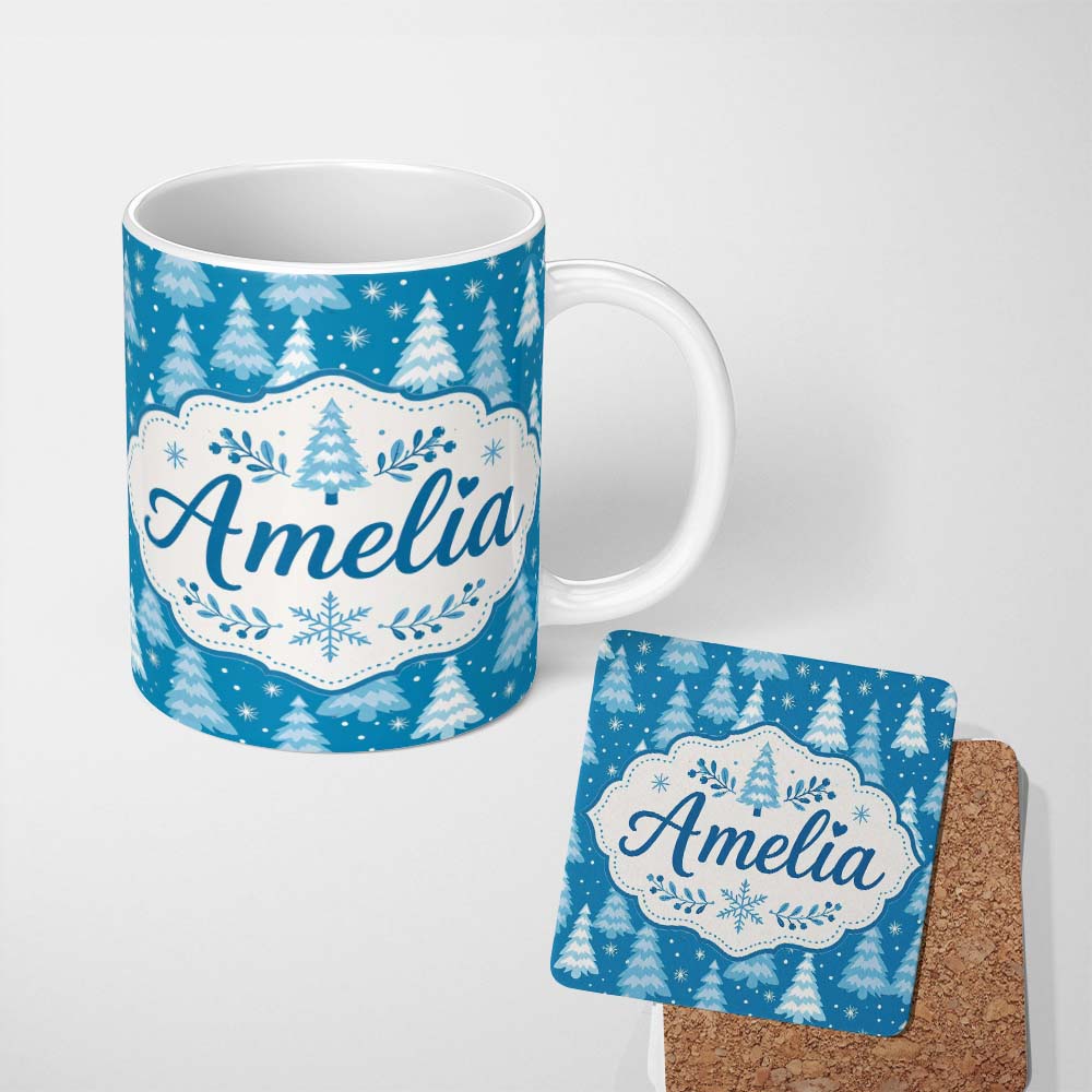 Personalized Custom Name Snowy Winter Pine Trees with Falling Snowflakes Festive Blue Lovely 11oz Ceramic Coffee Tea Mug White Large Handle