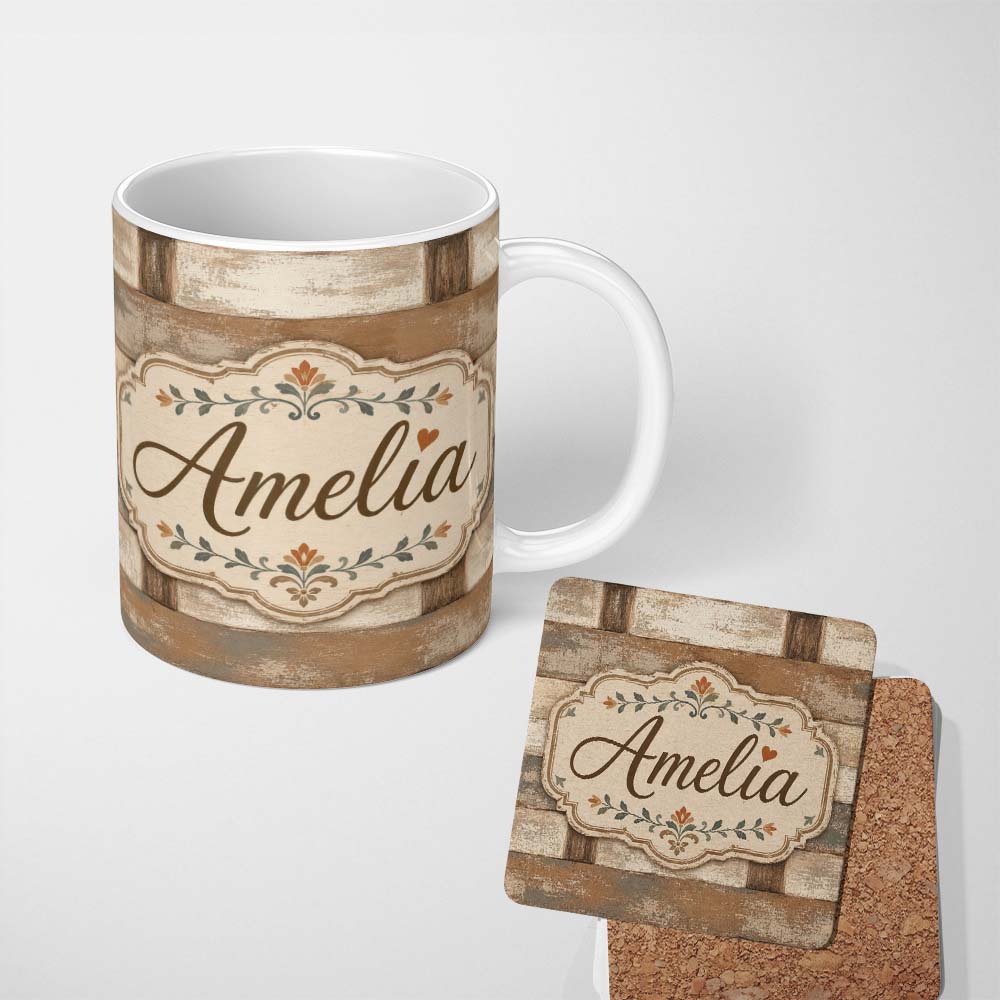 Personalized Custom Name Rustic Wooden Plank Texture Farmhouse Style Seamless Pattern Lovely 11oz Ceramic Coffee Tea Mug White Large Handle